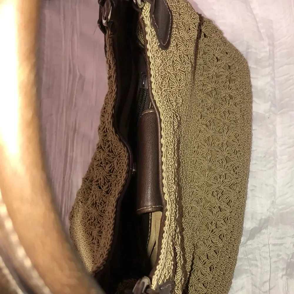 Macrame Crochet Faux Leather Combo Tan Brown Satchel